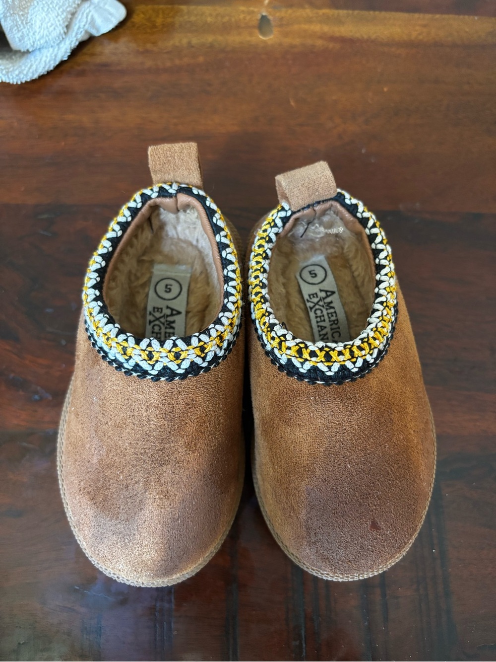 American Exchange Kids' Brown Suede Slip-On Shoes with Knit Trim - Size 5